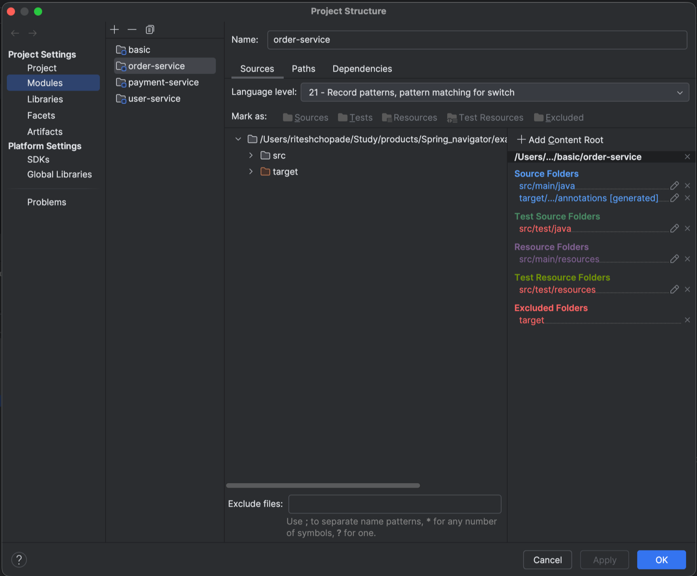 Project Structure dialog with the Modules Sources tab open and a file chooser selecting a sibling repo folder to add as a content root