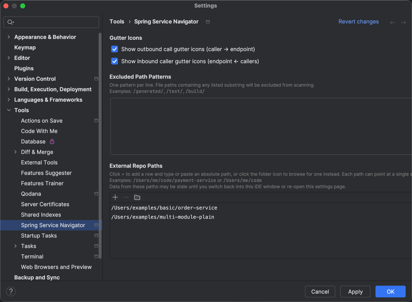 Spring Service Navigator settings page showing all three sections: Gutter Icons checkboxes, Excluded Path Patterns text area, and the External Repo Paths list with an individual repo path row and a base-directory row, the plus, folder-browse, and minus toolbar buttons visible above the table